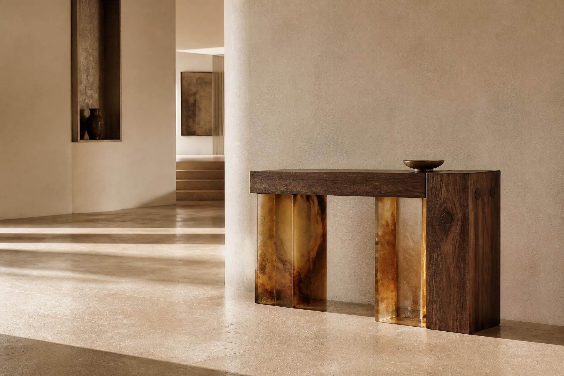 Console sculpturale en noyer et verre ambré dans un intérieur architectural baigné de lumière chaude